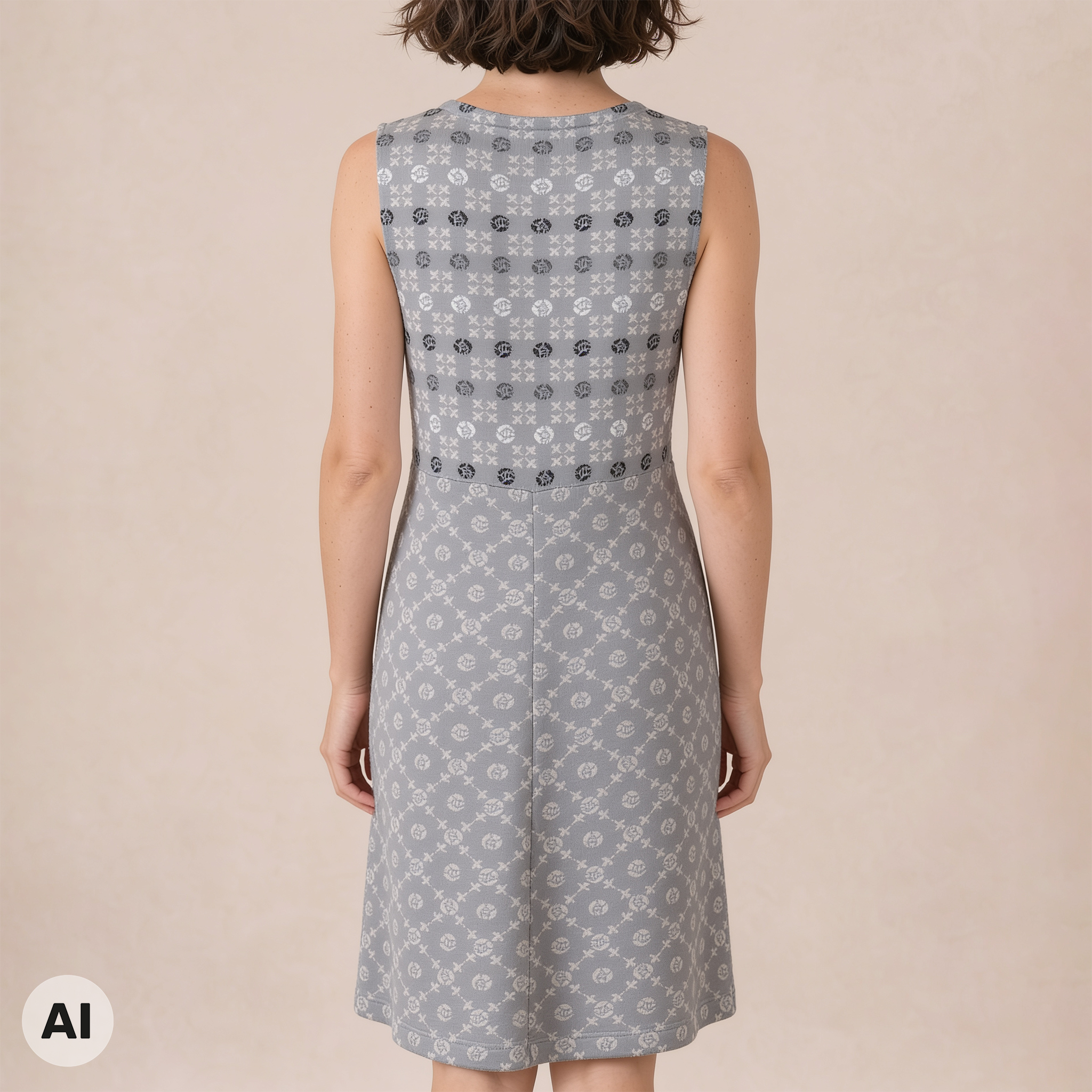 Kleid grau – Rückansicht, mit KI bearbeitet