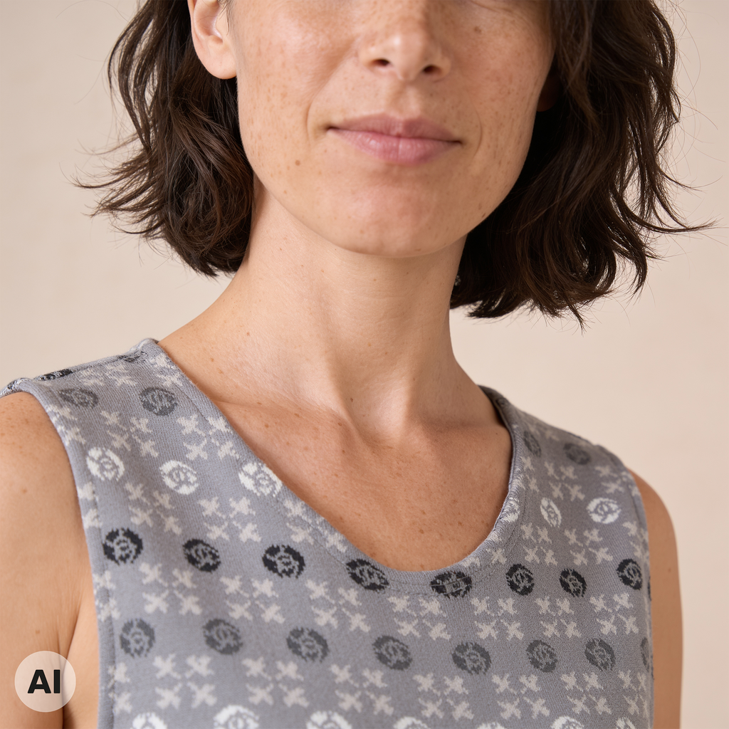 Kleid grau – Detailansicht, mit KI bearbeitet
