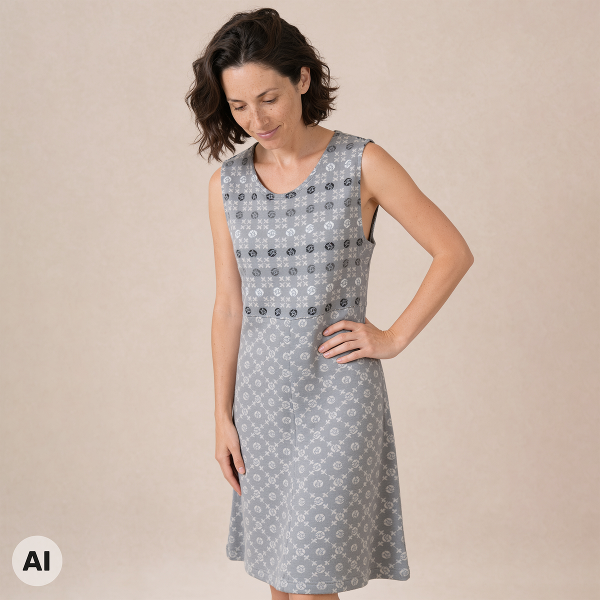 Kleid grau – Vorderansicht, mit KI bearbeitet