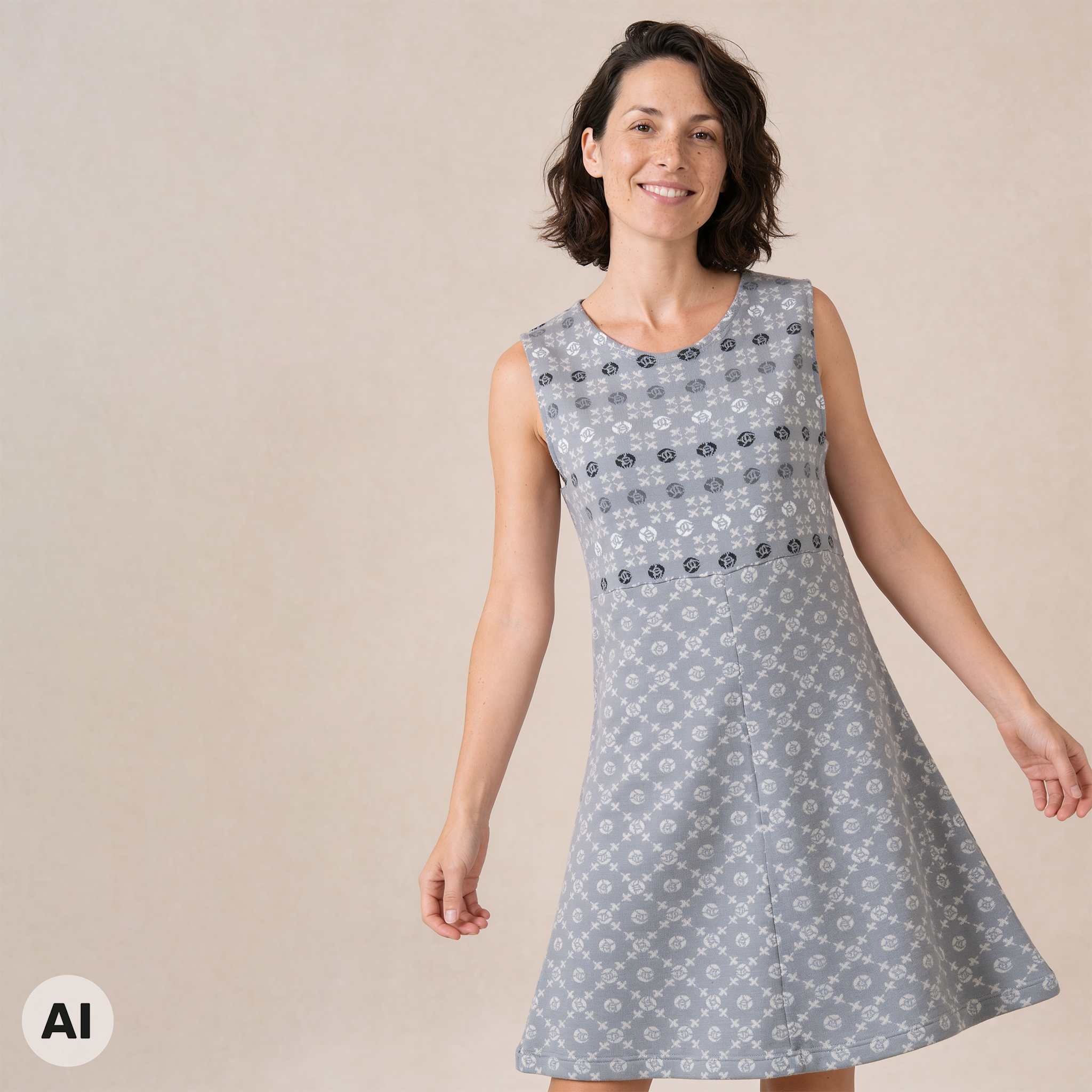 Kleid grau – Vorderansicht, mit KI bearbeitet