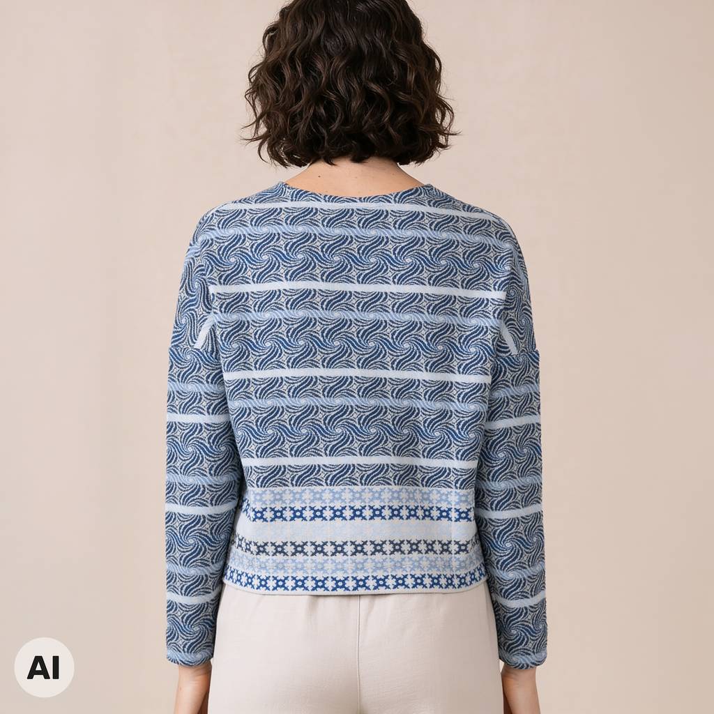 Jacke kastig blau – Rückansicht, mit KI bearbeitet
