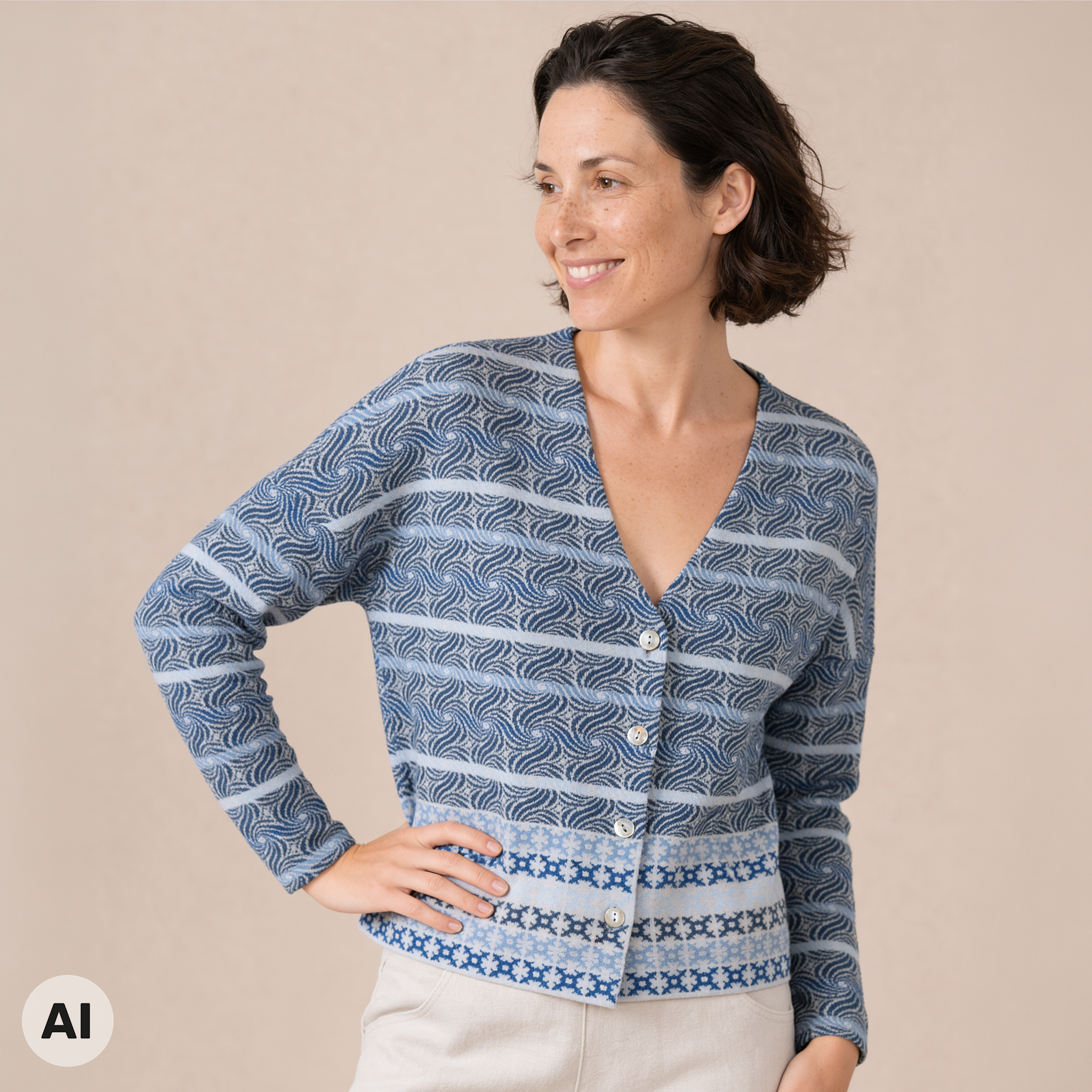 Jacke kastig blau – Vorderansicht, mit KI bearbeitet