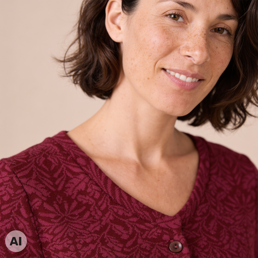 A-Linienjacke lila – Detailansicht, mit KI bearbeitet