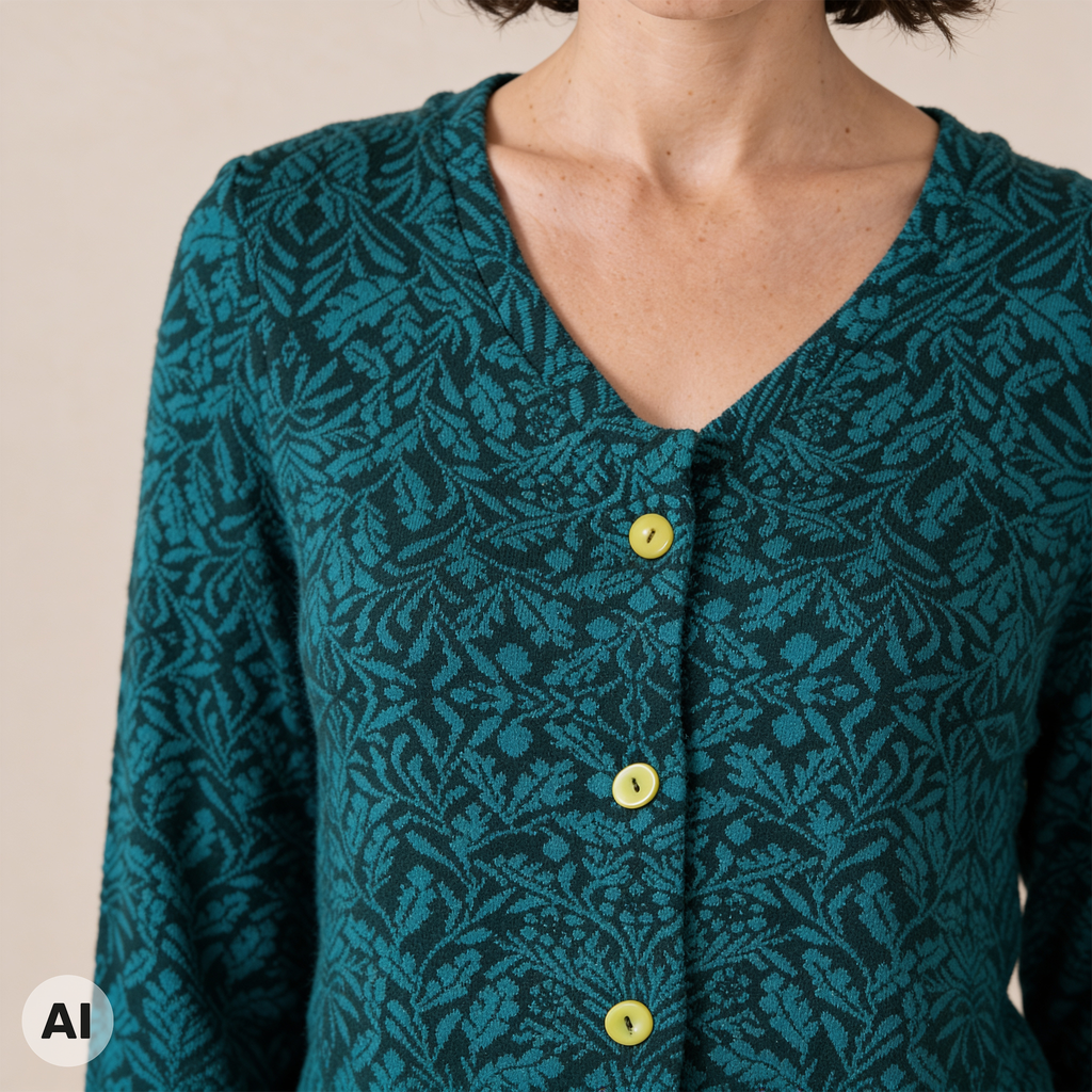A-Linienjacke grün – Detailansicht, mit KI bearbeitet