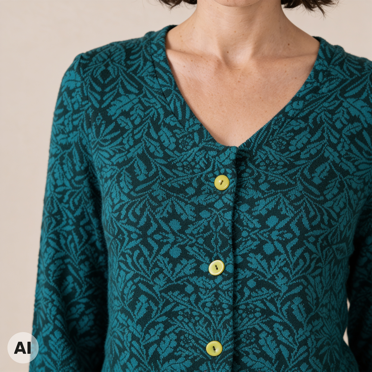 A-Linienjacke grün – Detailansicht, mit KI bearbeitet