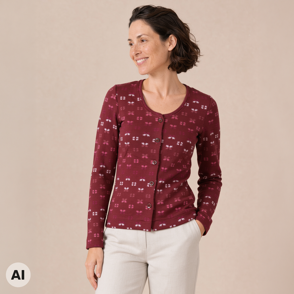 klassische Jacke lila – Vorderansicht, mit KI bearbeitet