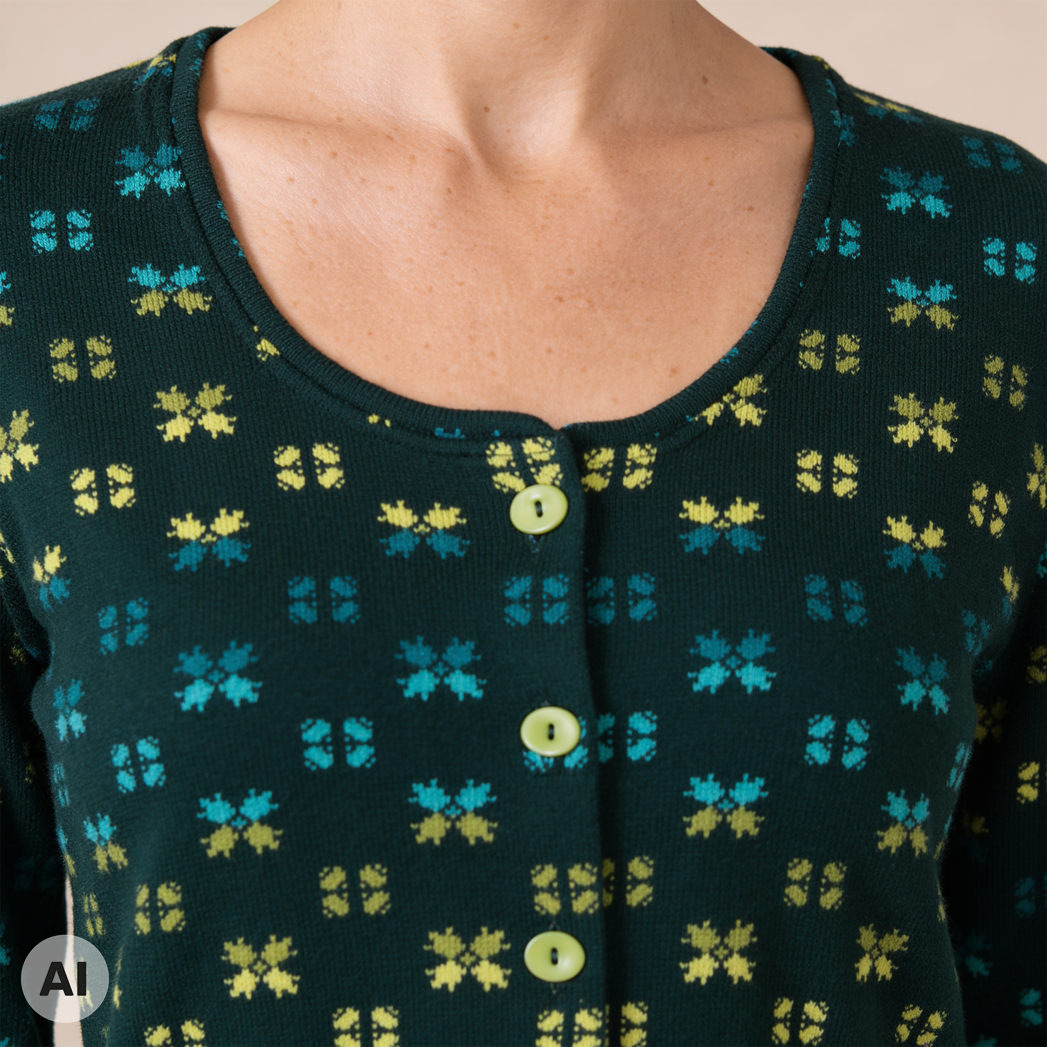 klassische Jacke grün – Detailansicht, mit KI bearbeitet