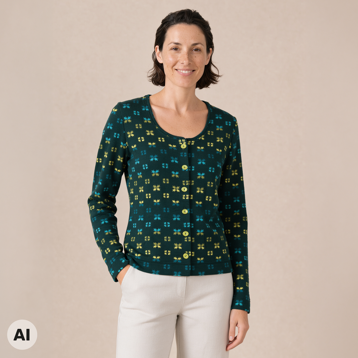 klassische Jacke grün – Vorderansicht, mit KI bearbeitet