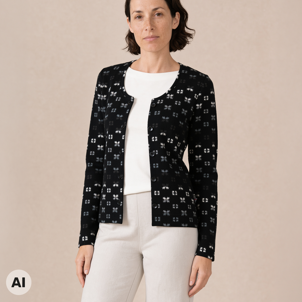 klassische Jacke schwarz – Vorderansicht, mit KI bearbeitet
