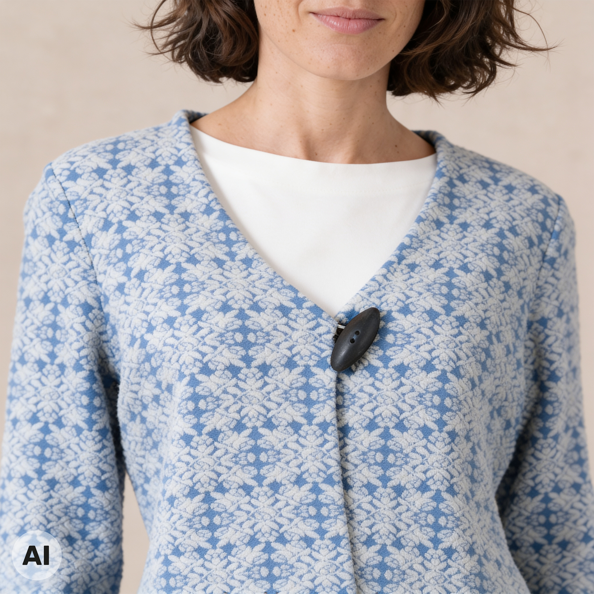 Einknopfjacke blau – Detailansicht, mit KI bearbeitet