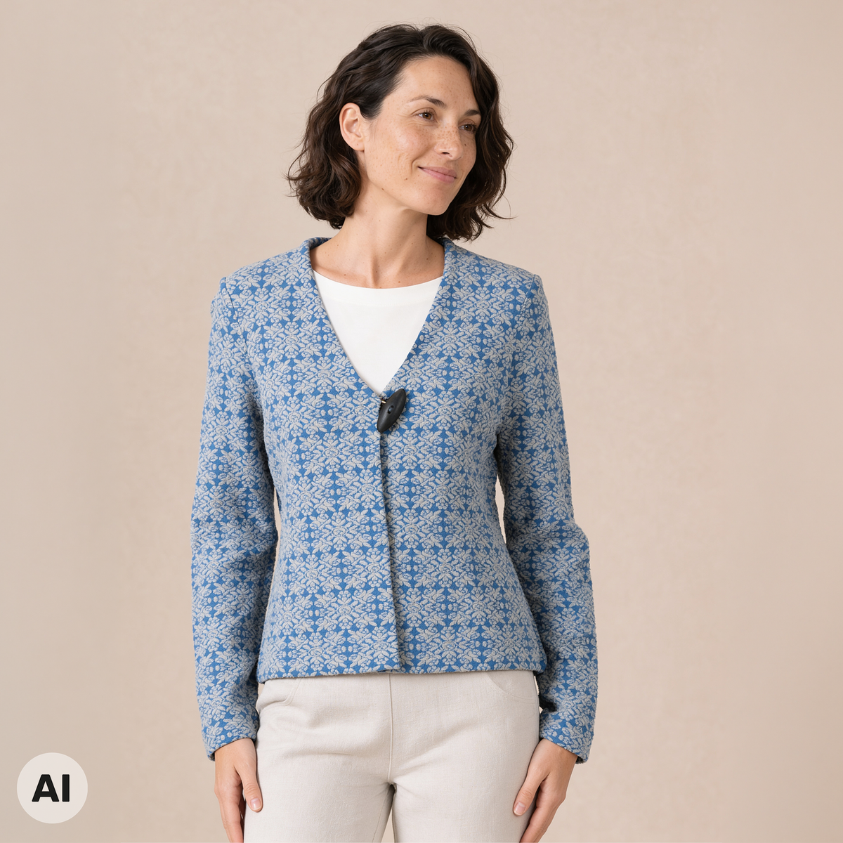 Einknopfjacke blau – Vorderansicht, mit KI bearbeitet