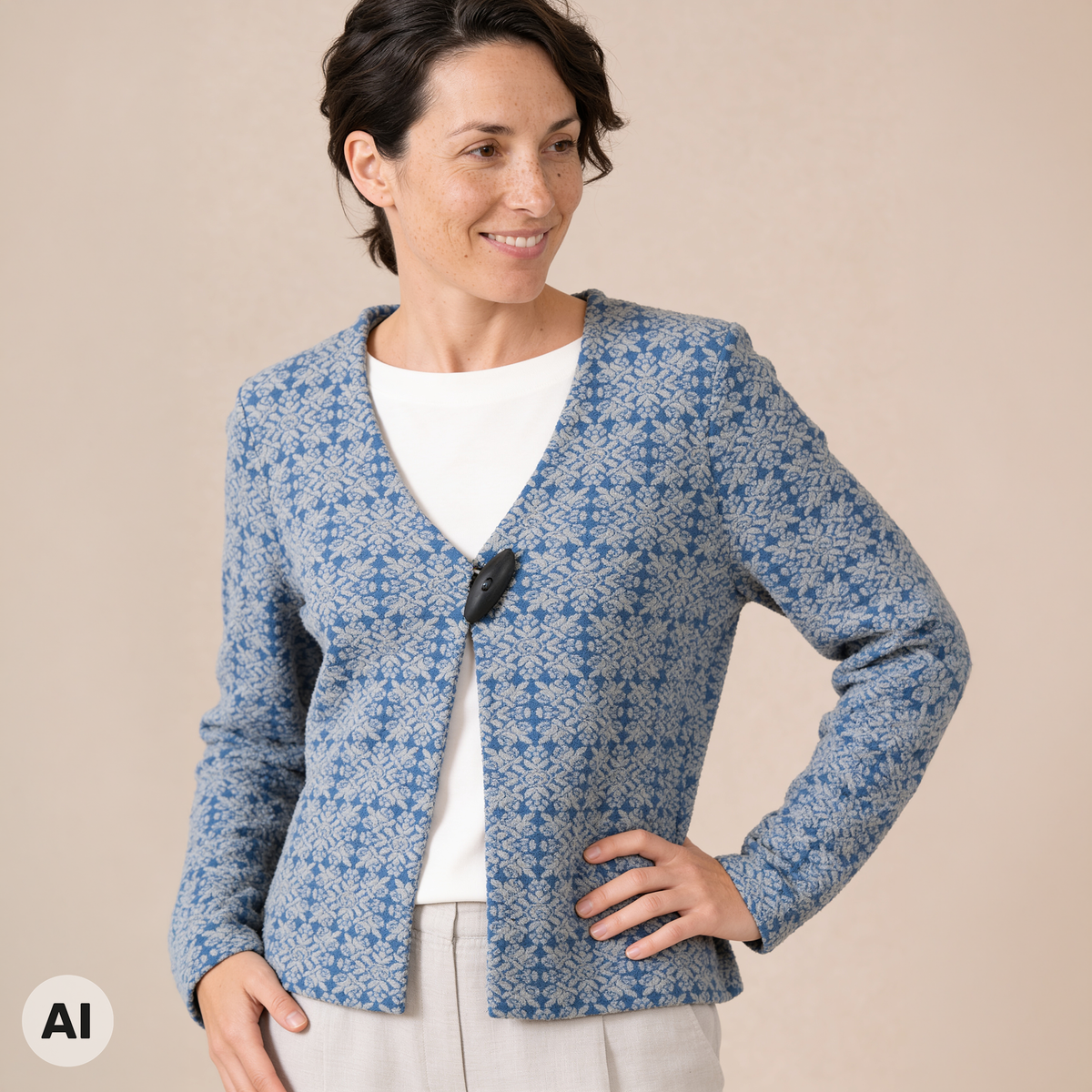 Einknopfjacke blau – Vorderansicht, mit KI bearbeitet