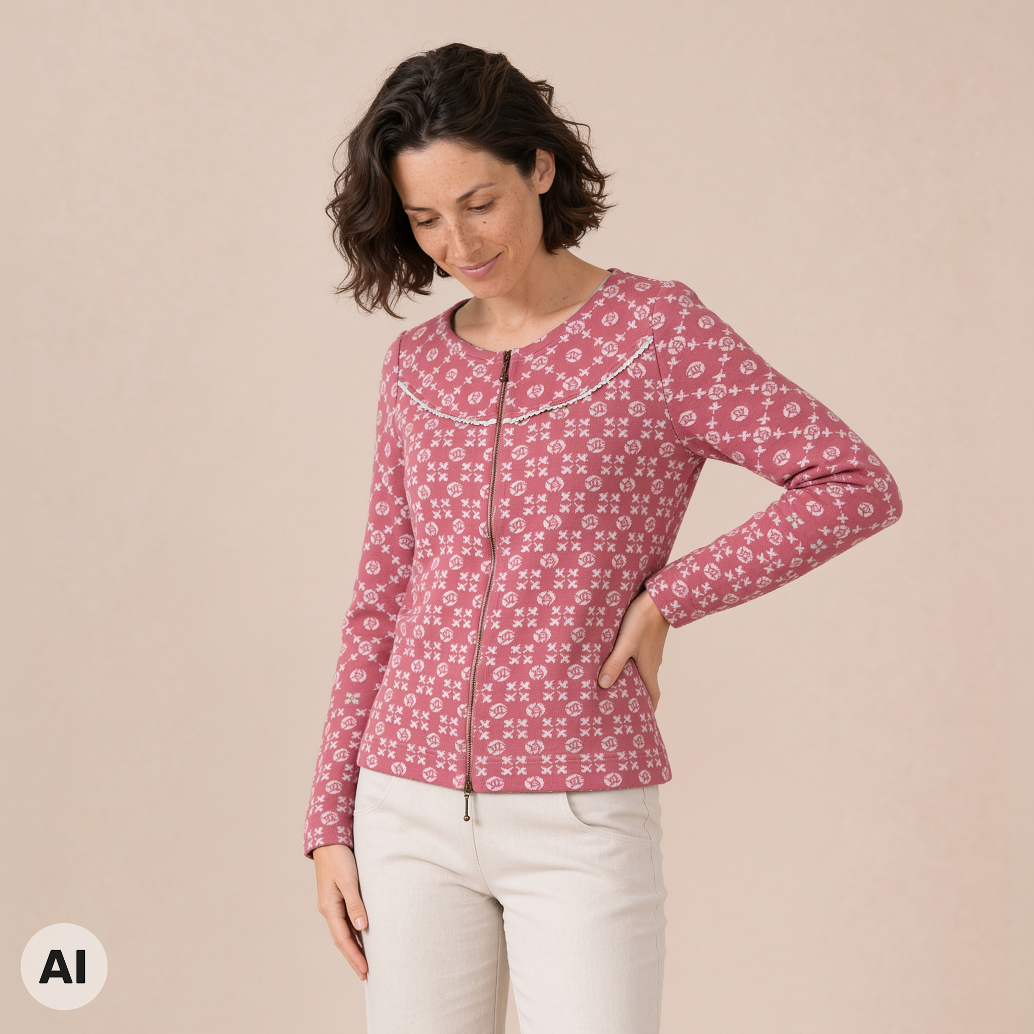 Rundpassenjacke rosa – Vorderansicht, mit KI bearbeitet