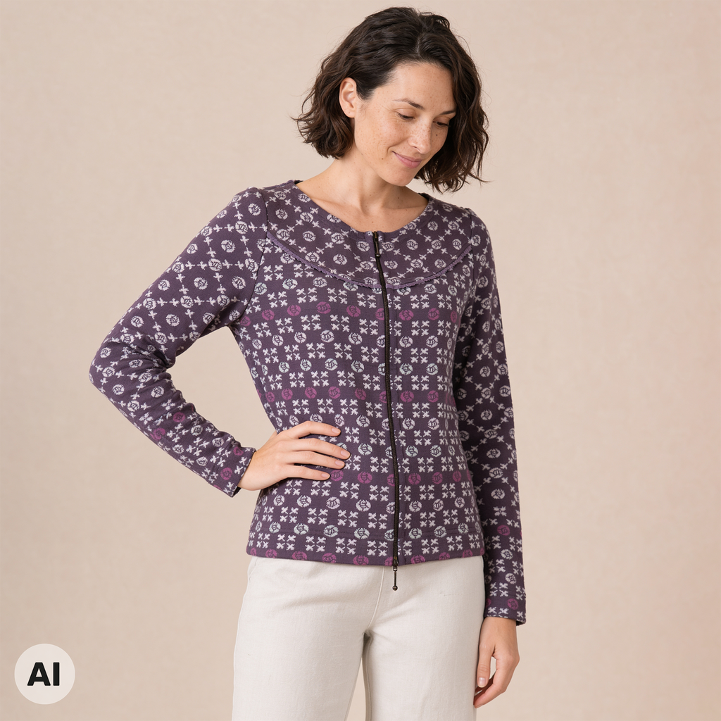 Rundpassenjacke lila – Vorderansicht, mit KI bearbeitet