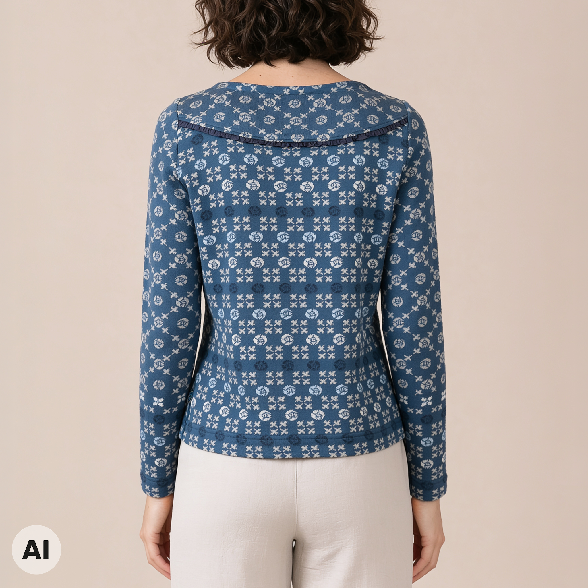 Rundpassenjacke blau – Rückansicht, mit KI bearbeitet