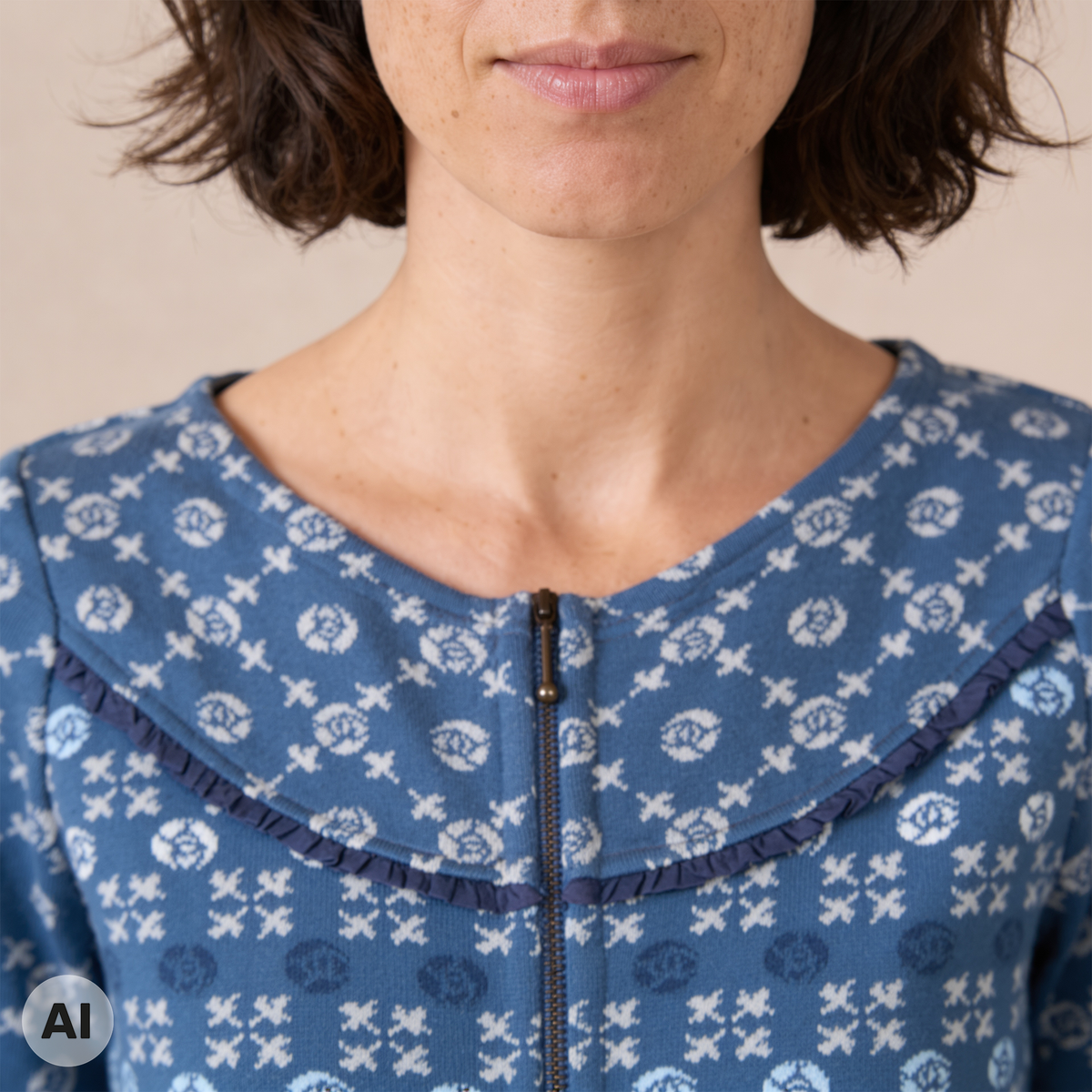 Rundpassenjacke blau – Detailansicht, mit KI bearbeitet