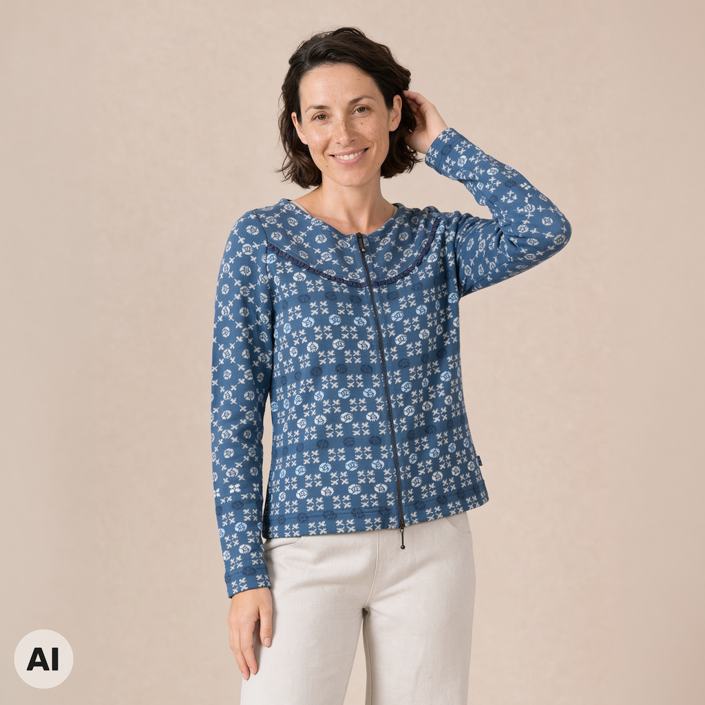 Rundpassenjacke blau – Vorderansicht, mit KI bearbeitet