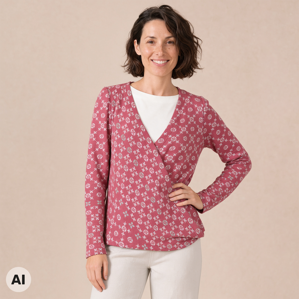Wickeljacke rosa – Vorderansicht, mit KI bearbeitet