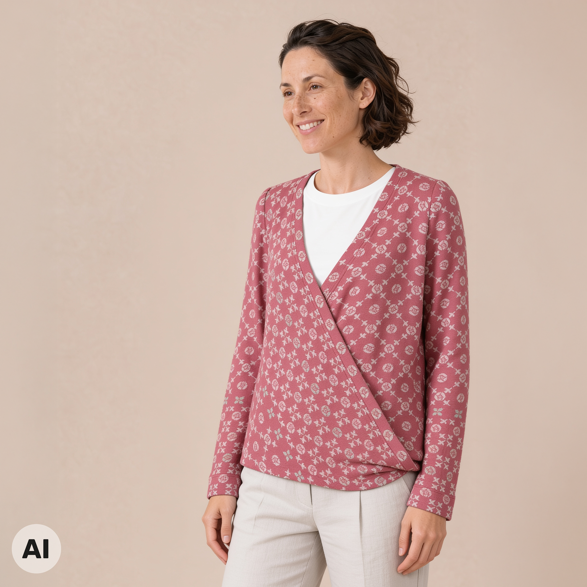 Wickeljacke rosa – Vorderansicht, mit KI bearbeitet