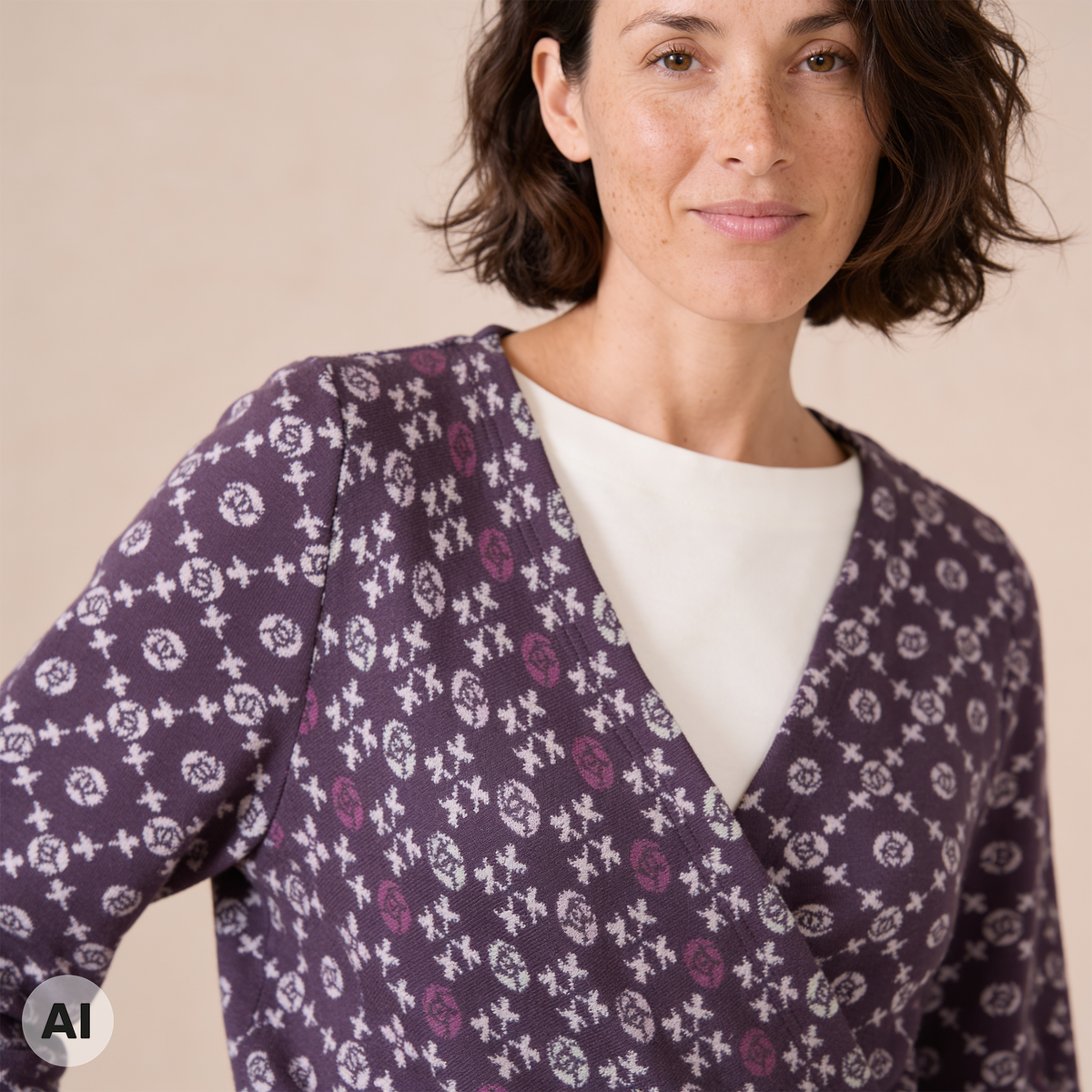 Wickeljacke lila – Detailansicht, mit KI bearbeitet