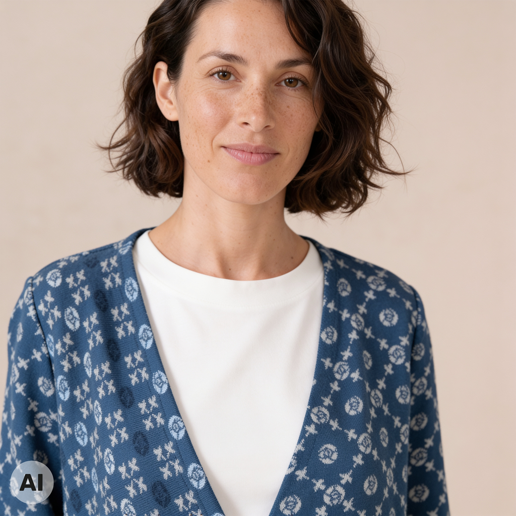Wickeljacke blau – Detailansicht, mit KI bearbeitet