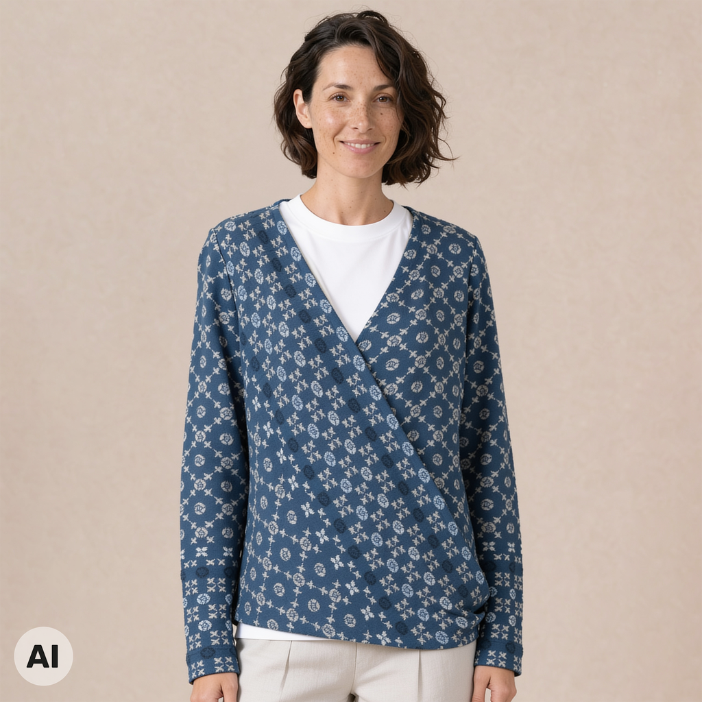 Wickeljacke blau – Vorderansicht, mit KI bearbeitet