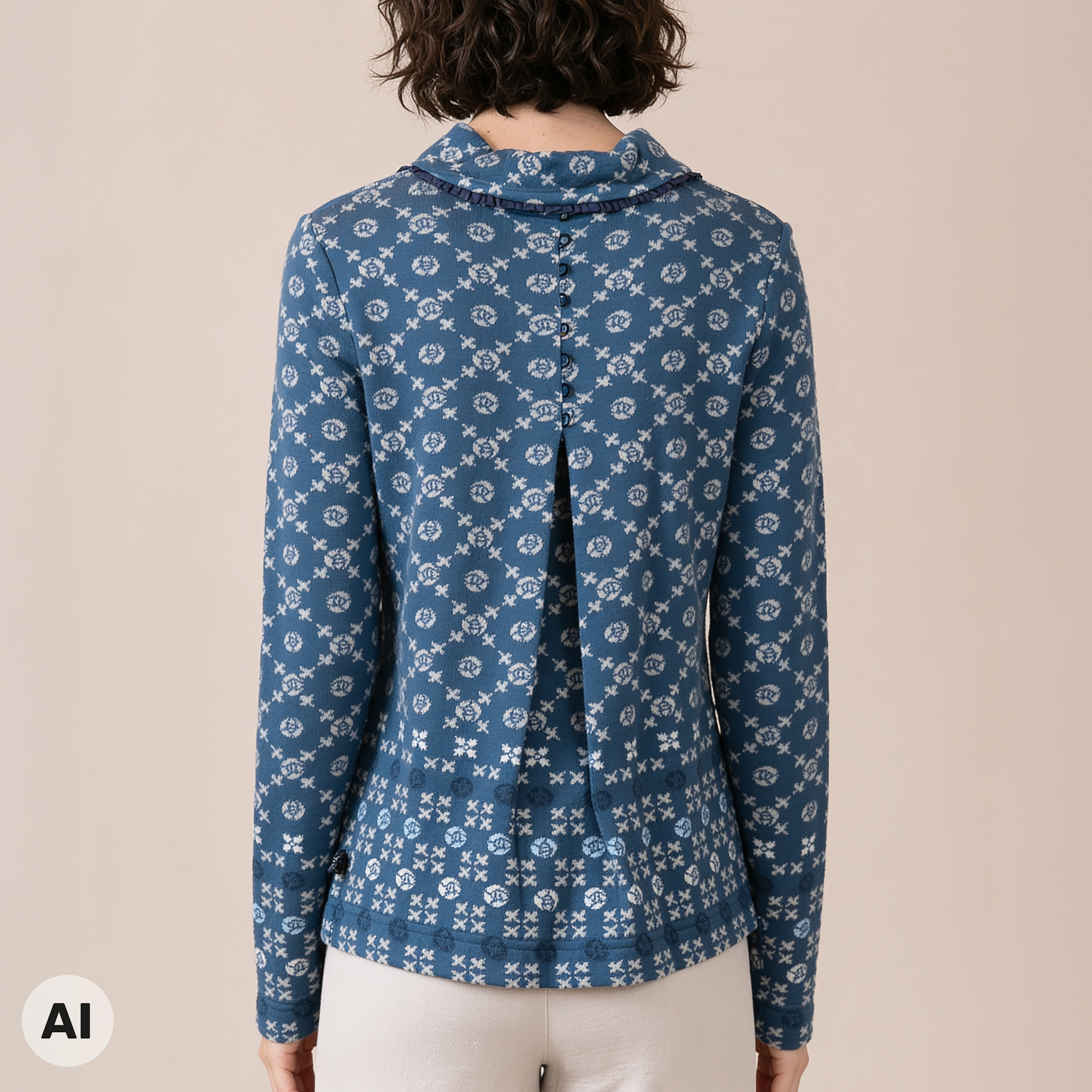 Jacke mit Falte blau – Rückansicht, mit KI bearbeitet