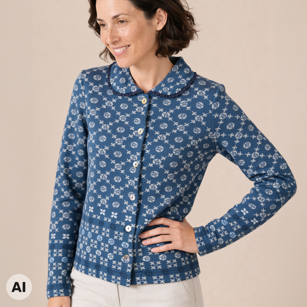 Jacke mit Falte blau – Vorderansicht, mit KI bearbeitet