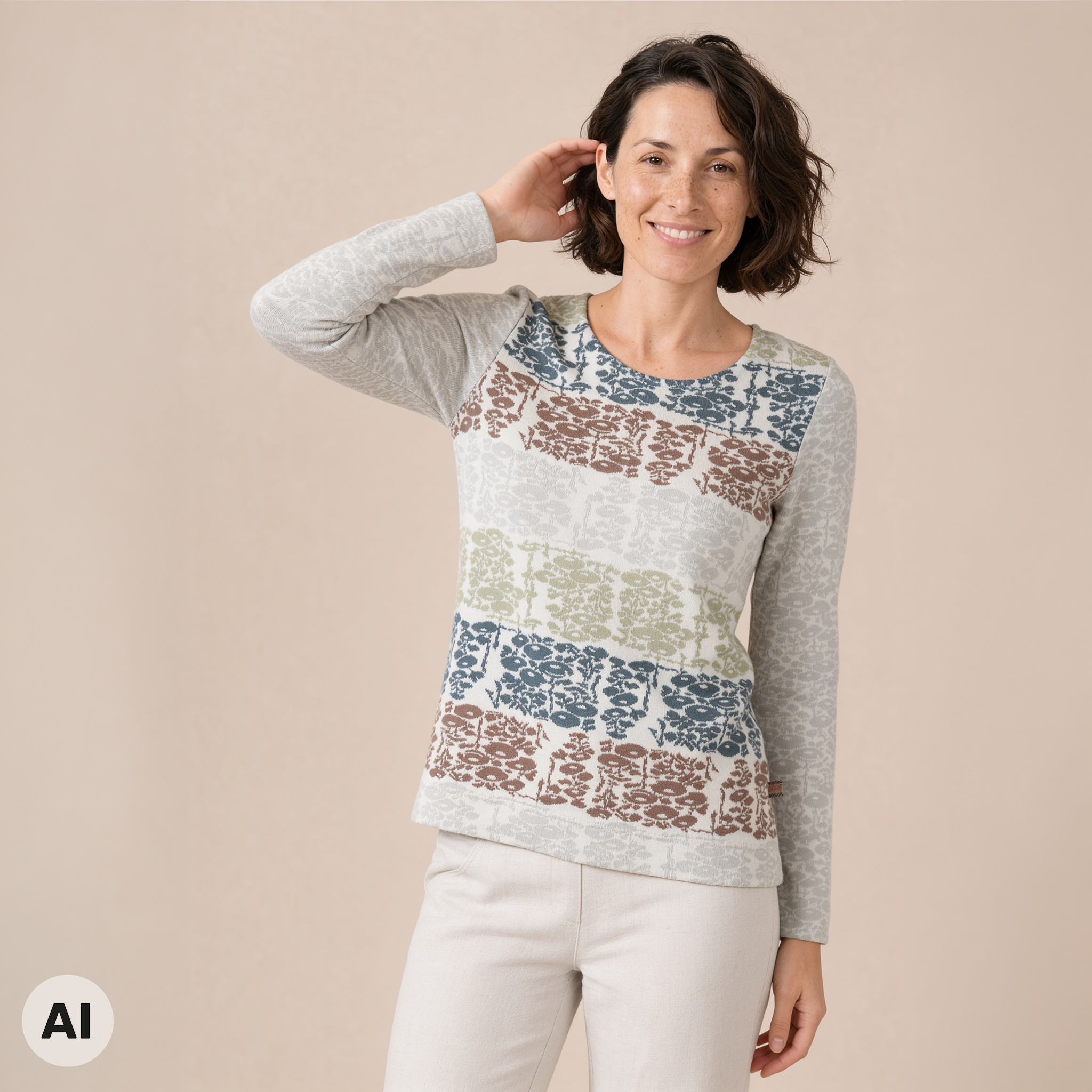 klassischer Pullover weiß – Vorderansicht, mit KI bearbeitet