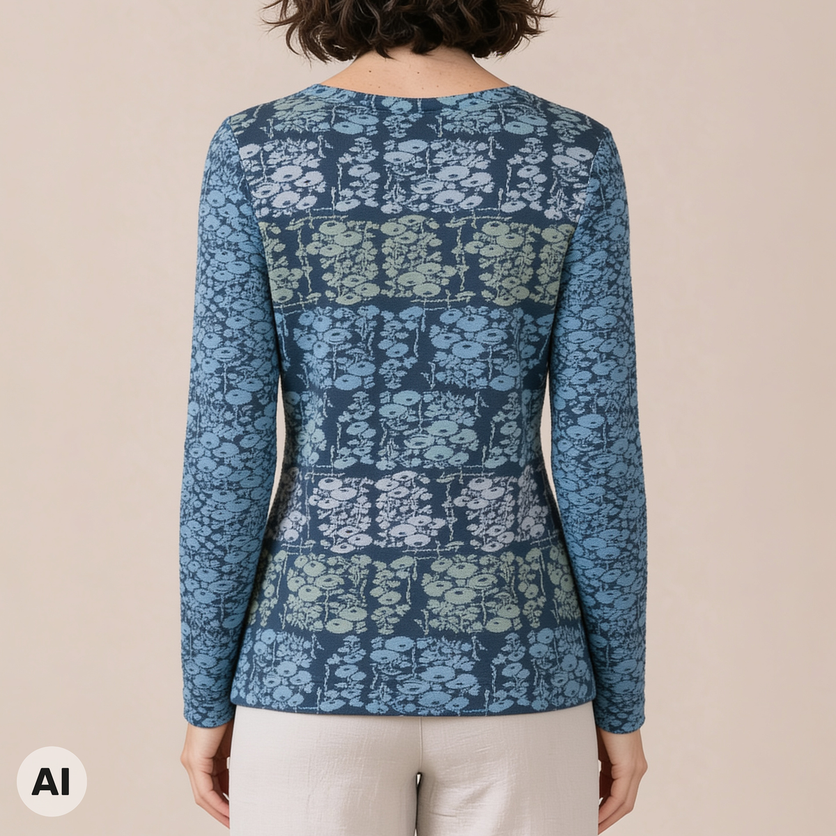 klassischer Pullover blau – Rückansicht, mit KI bearbeitet