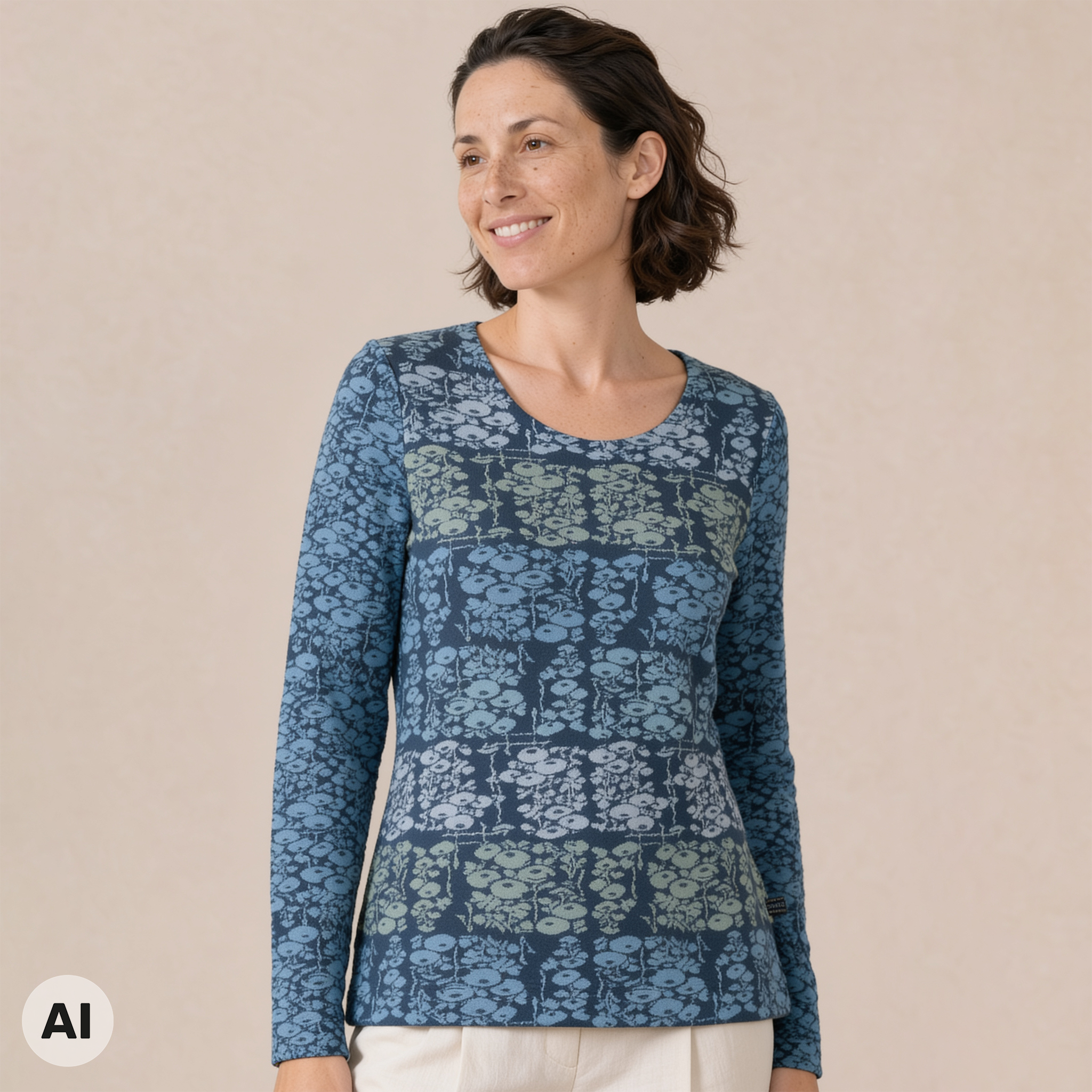 klassischer Pullover blau – Vorderansicht, mit KI bearbeitet