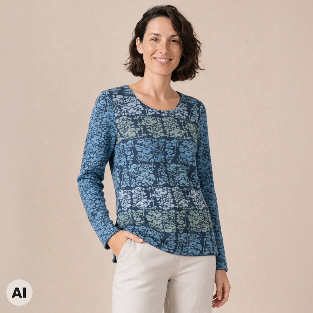 klassischer Pullover blau – Vorderansicht, mit KI bearbeitet