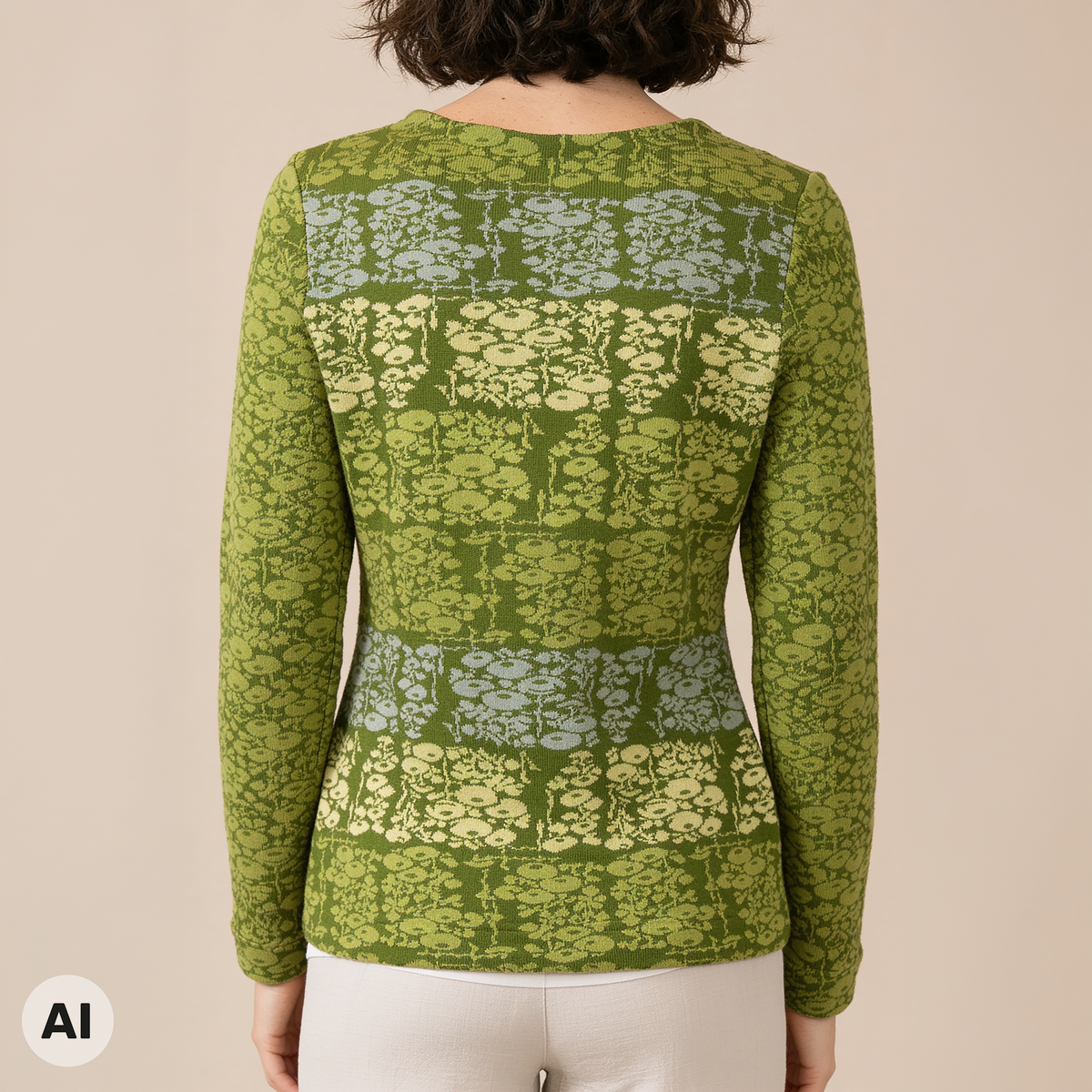 klassischer Pullover grün – Rückansicht, mit KI bearbeitet