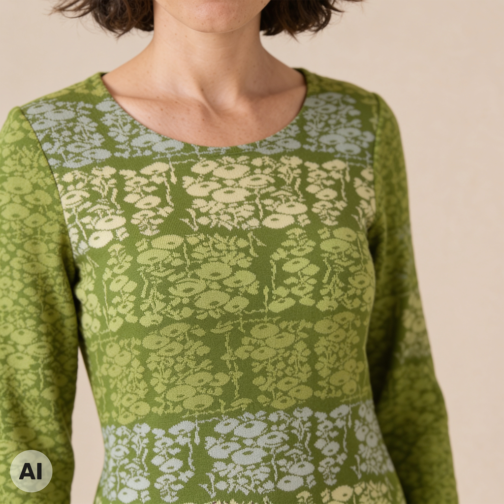 klassischer Pullover grün – Detailansicht, mit KI bearbeitet