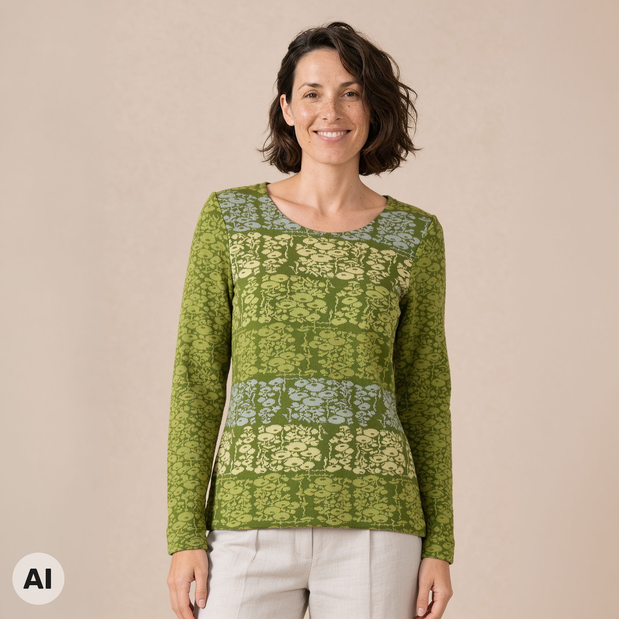 klassischer Pullover grün – Vorderansicht, mit KI bearbeitet