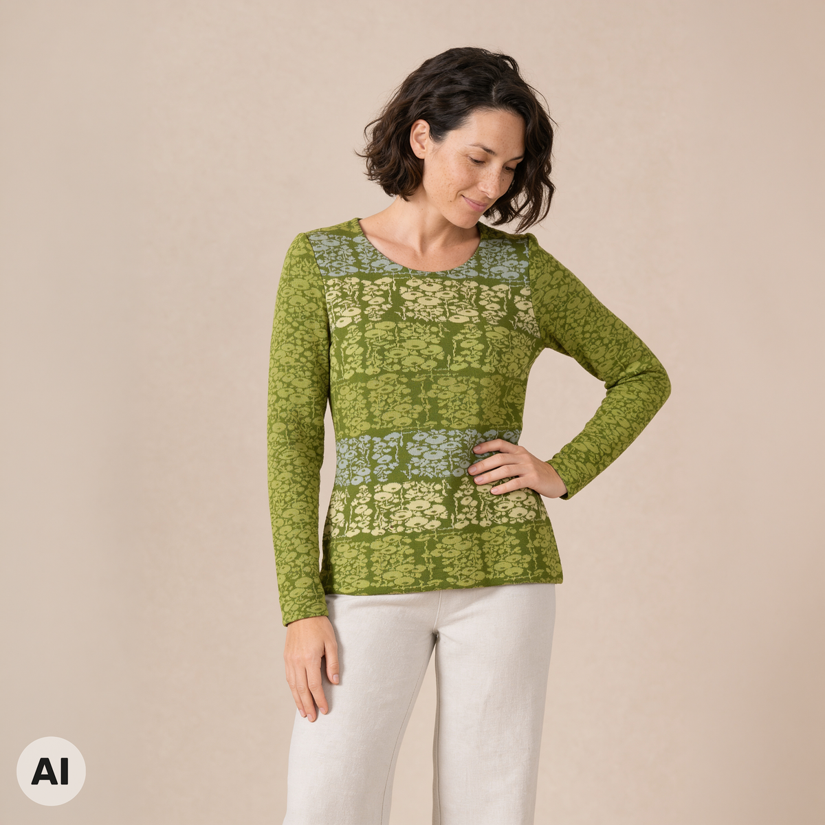 klassischer Pullover grün – Vorderansicht, mit KI bearbeitet
