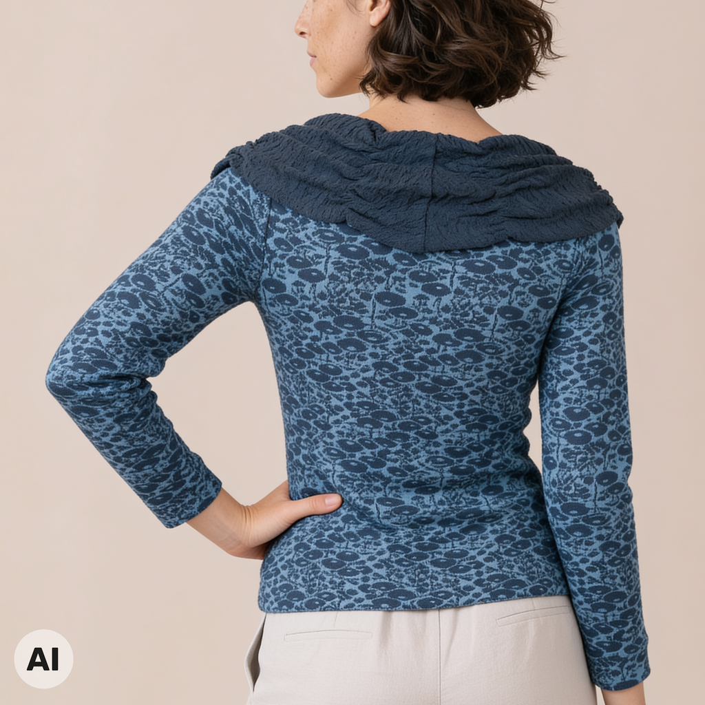 Carmenpullover blau – Rückansicht, mit KI bearbeitet