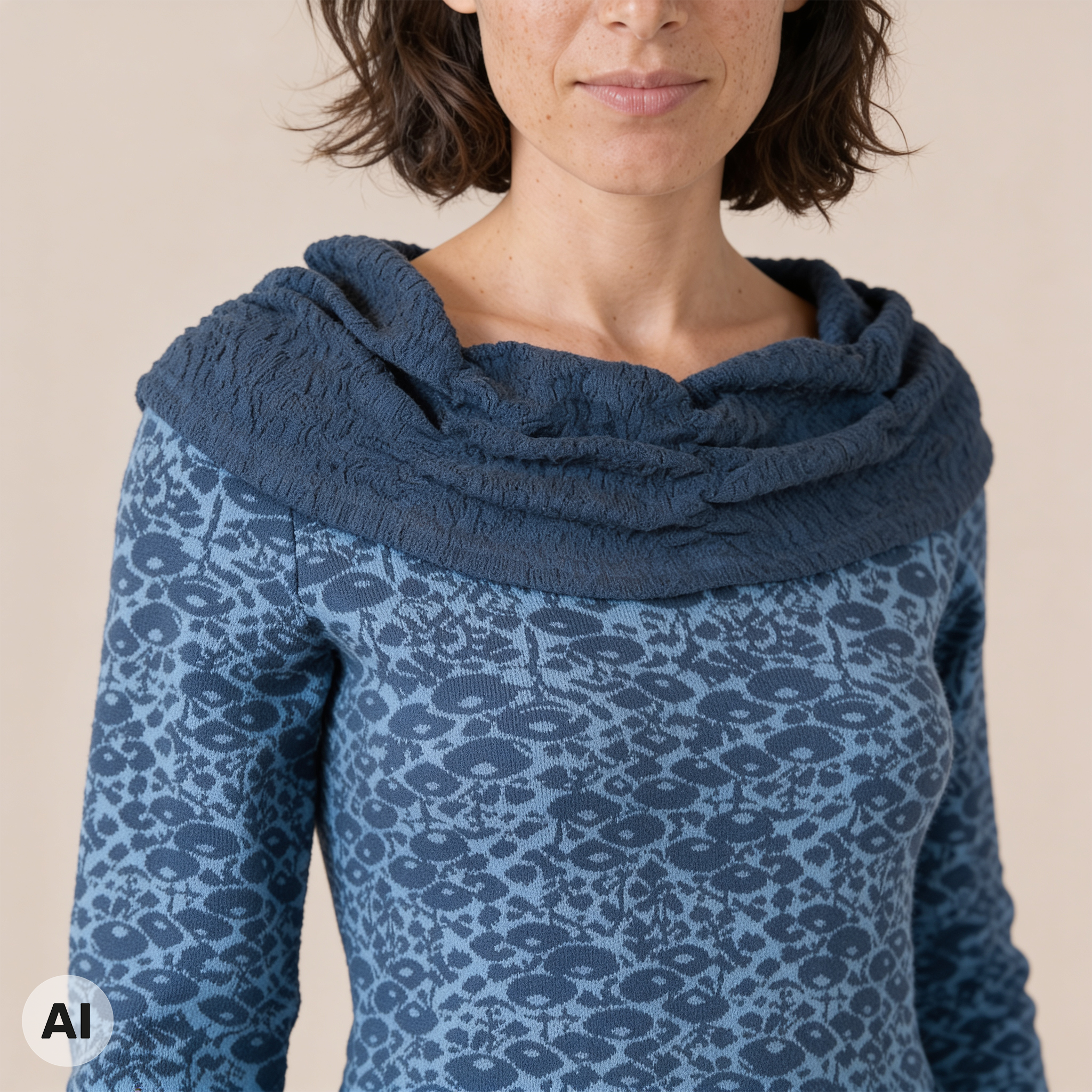 Carmenpullover blau – Detailansicht, mit KI bearbeitet