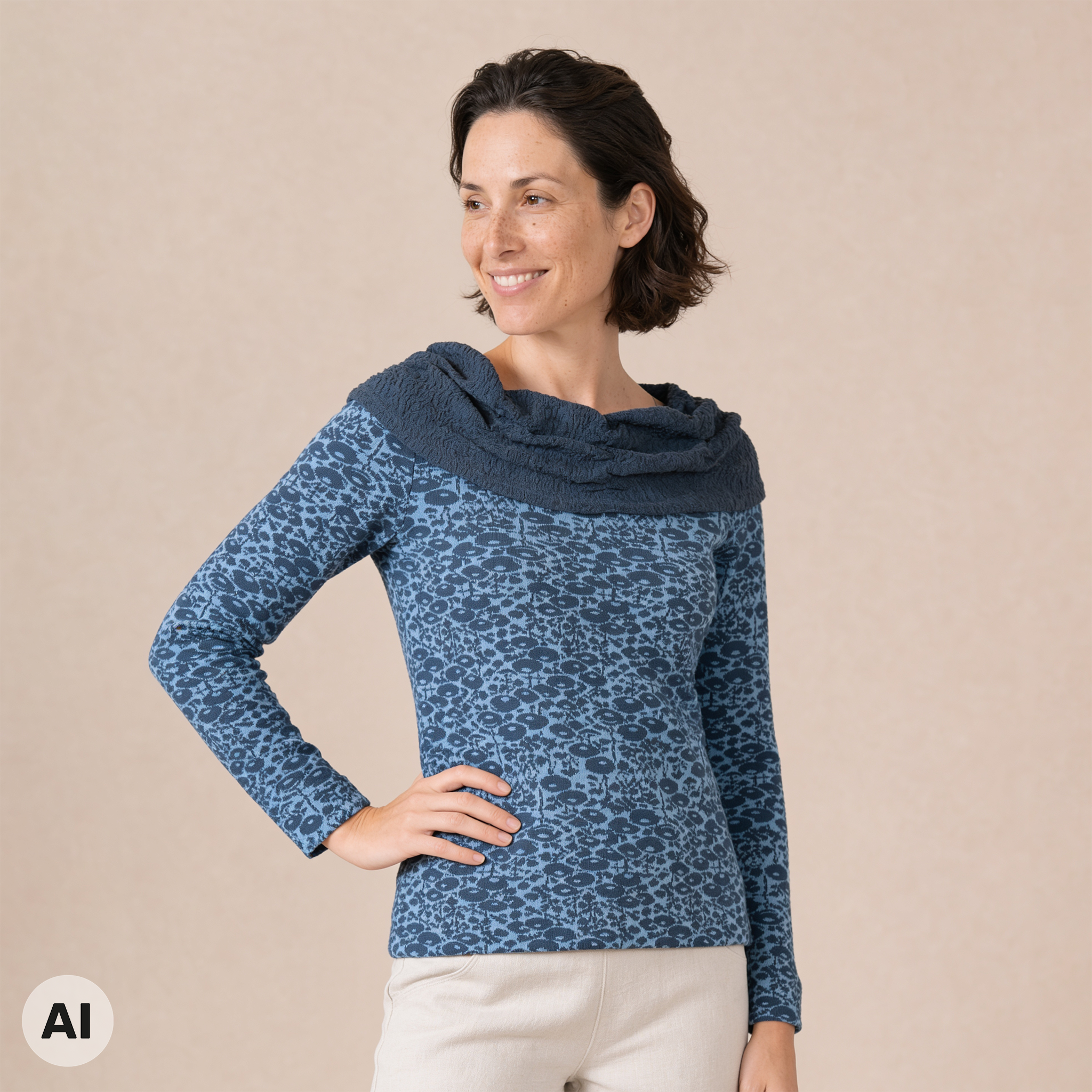 Carmenpullover blau – Vorderansicht, mit KI bearbeitet