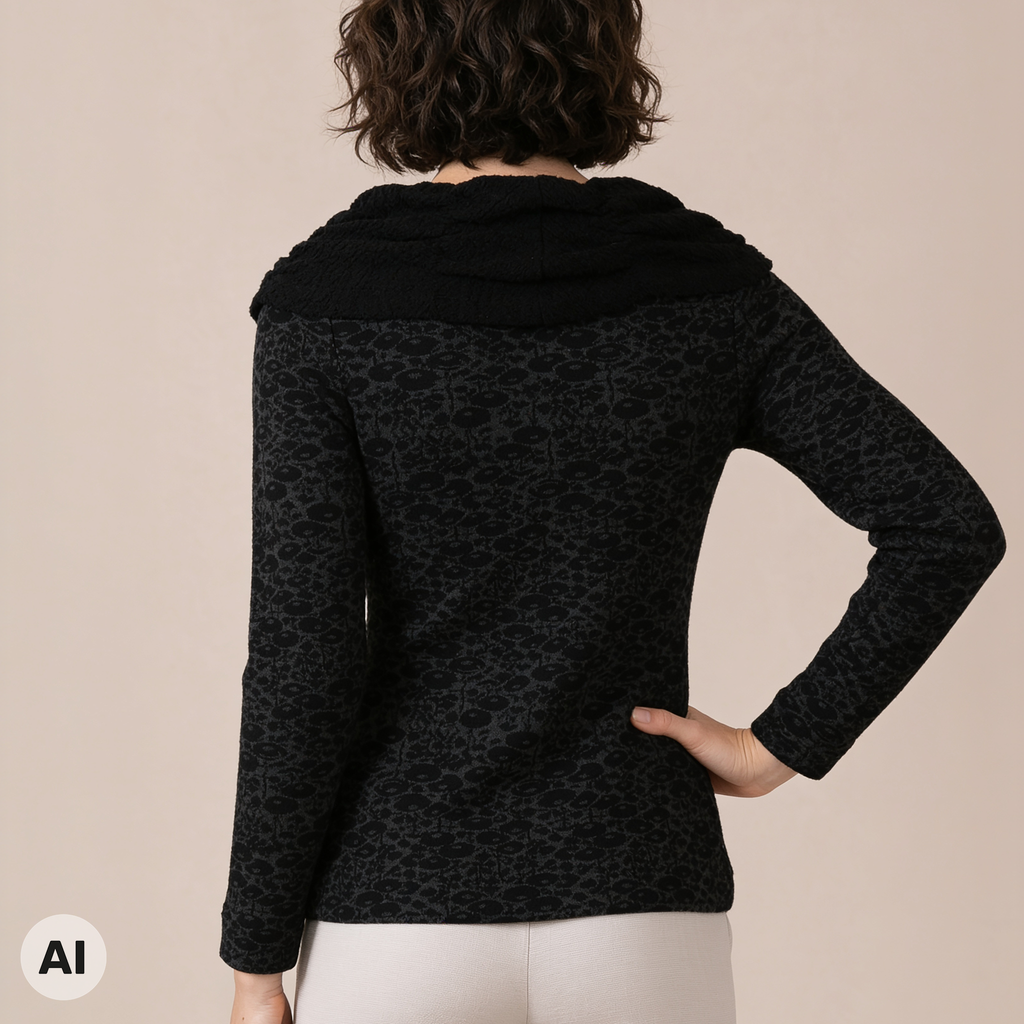 Carmenpullover schwarz – Rückansicht, mit KI bearbeitet