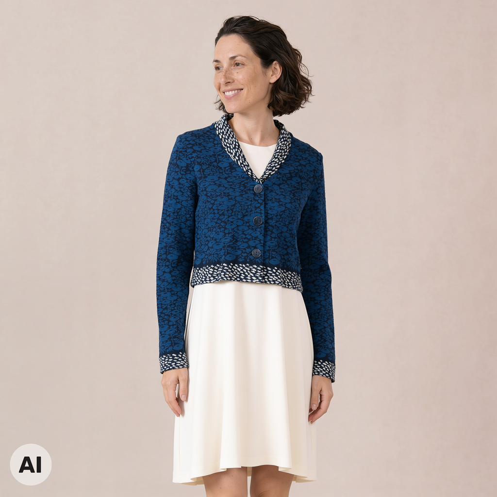 Bolero blau – Vorderansicht, mit KI bearbeitet