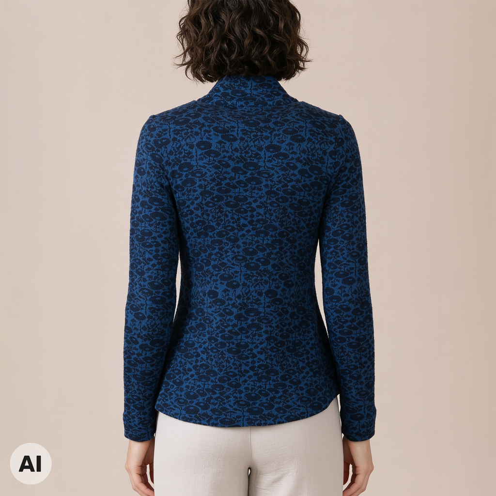 asymmetrische Jacke blau – Rückansicht, mit KI bearbeitet