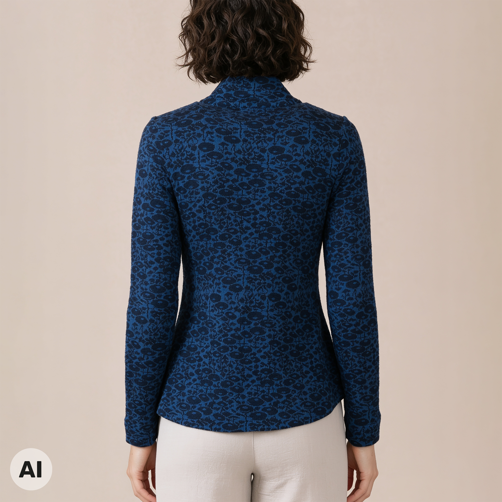 asymmetrische Jacke blau – Rückansicht, mit KI bearbeitet