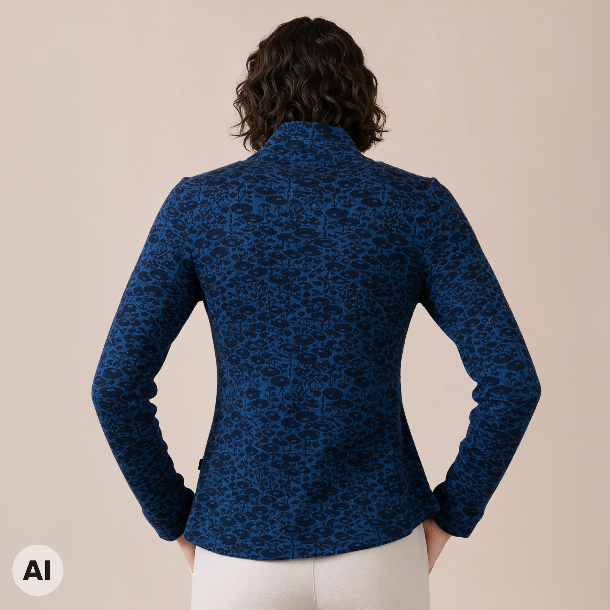 asymmetrische Jacke blau – Rückansicht, mit KI bearbeitet