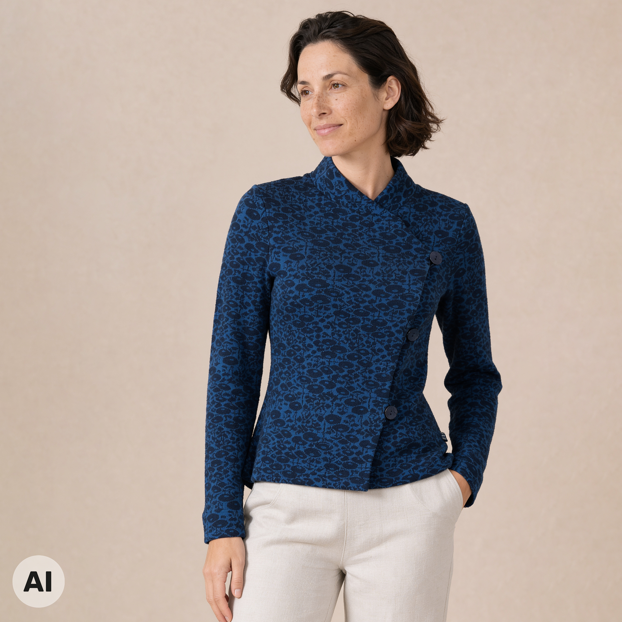 asymmetrische Jacke blau – Vorderansicht, mit KI bearbeitet