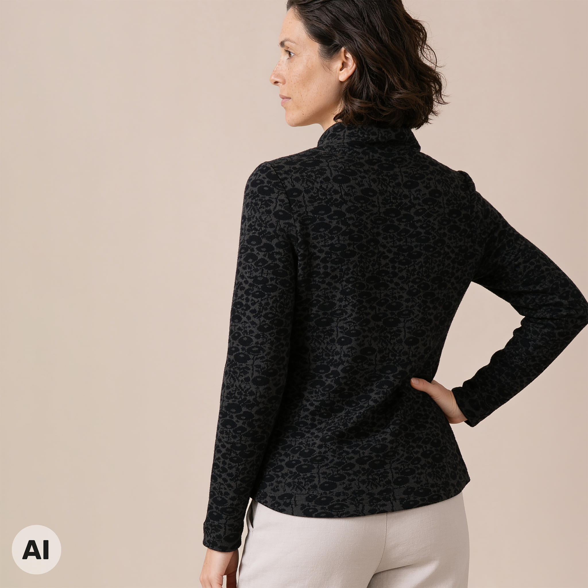 asymmetrische Jacke schwarz – Rückansicht, mit KI bearbeitet