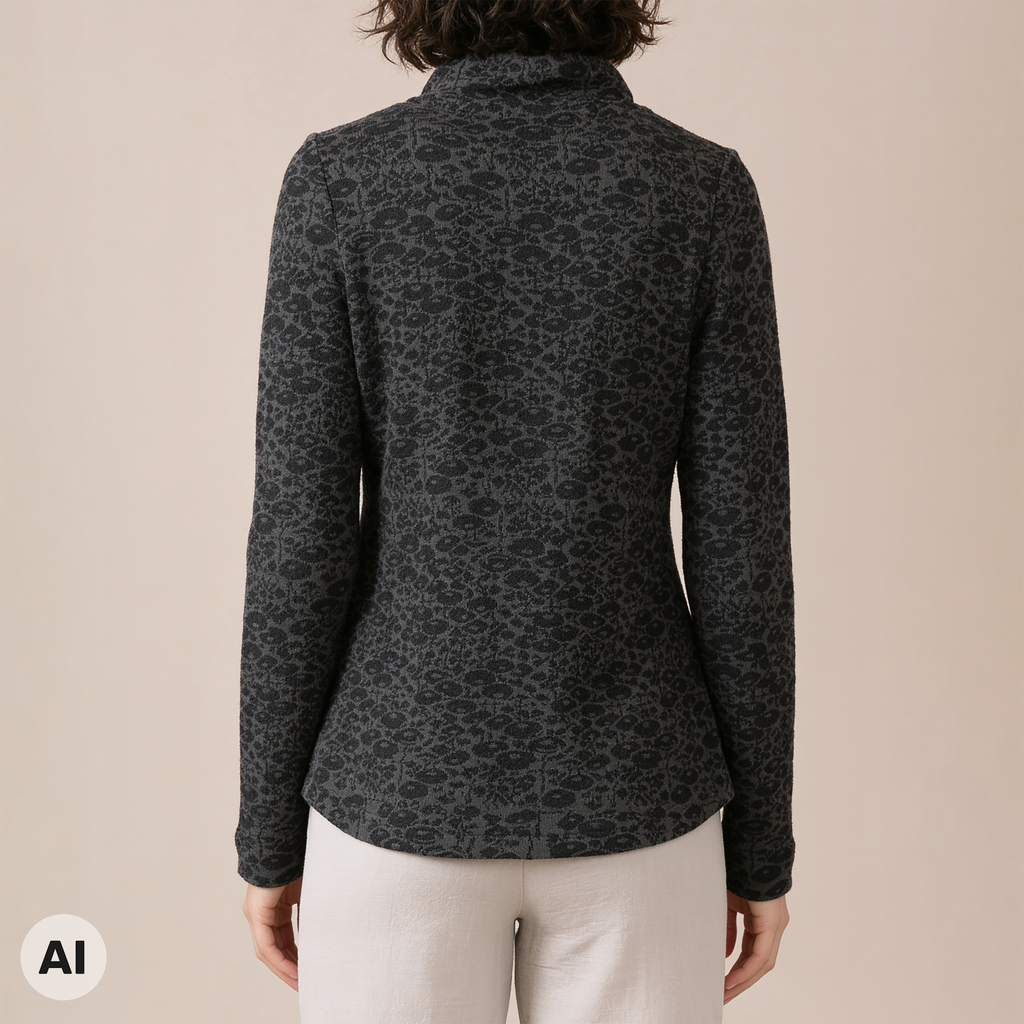 asymmetrische Jacke schwarz – Rückansicht, mit KI bearbeitet
