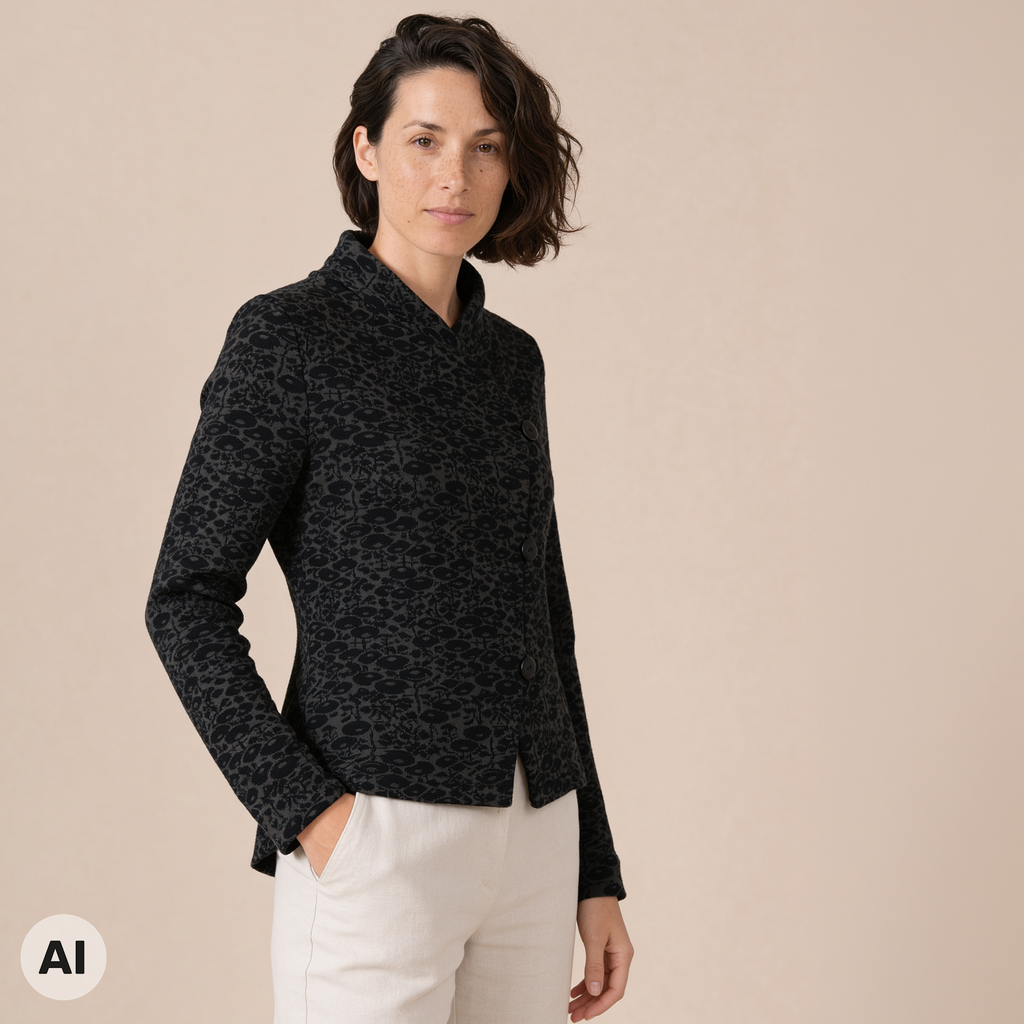 asymmetrische Jacke schwarz – Vorderansicht, mit KI bearbeitet