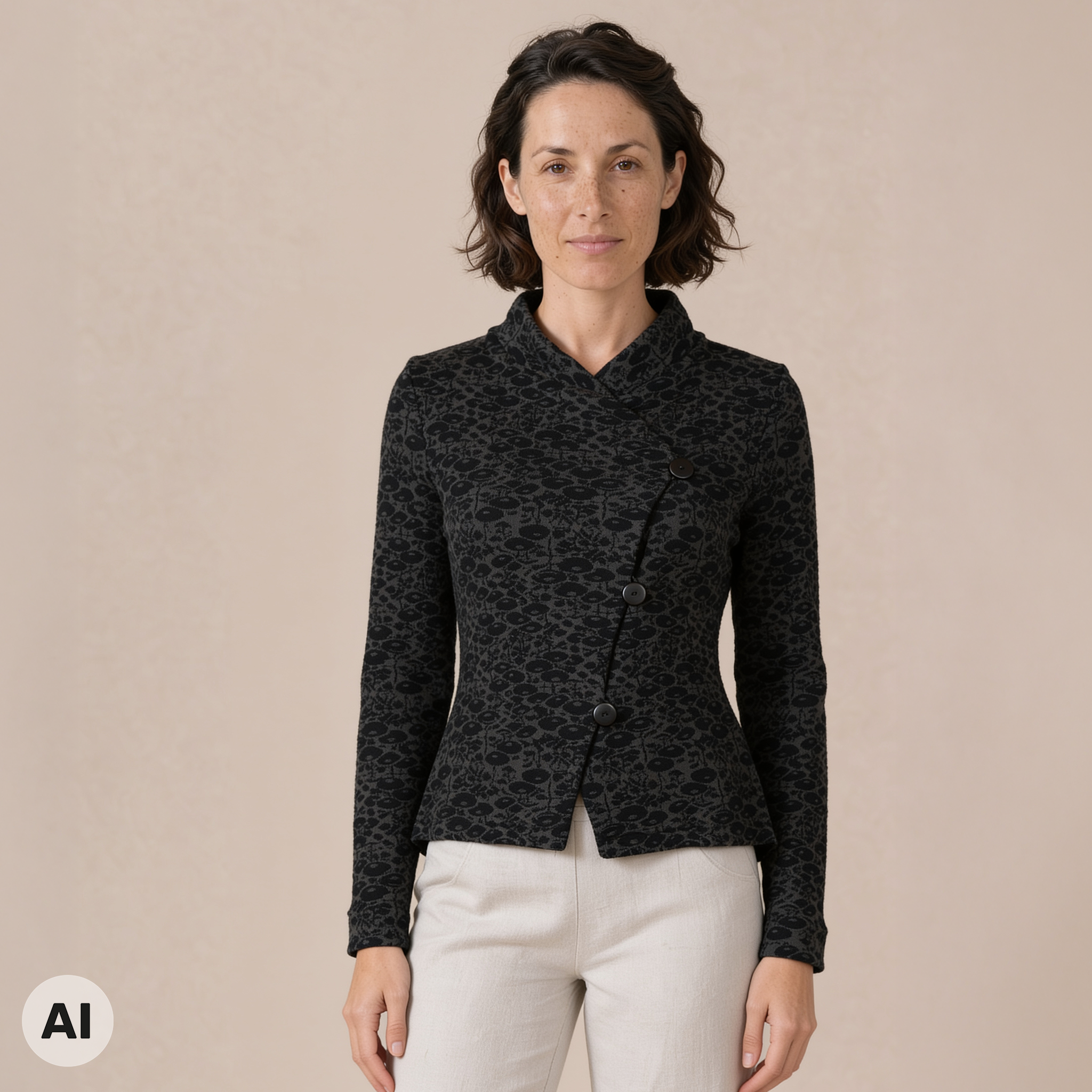 asymmetrische Jacke schwarz – Vorderansicht, mit KI bearbeitet