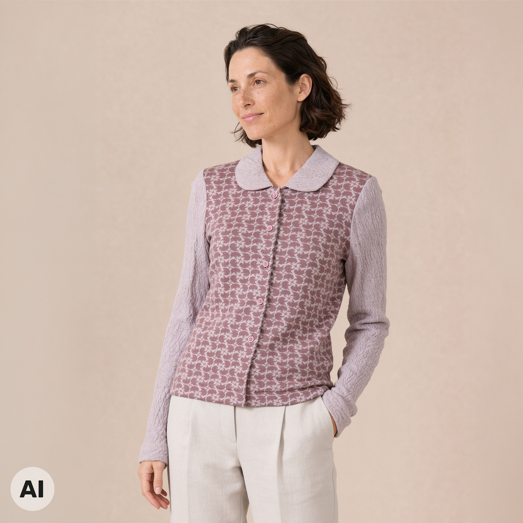 Jacke mit Falte rosa – Vorderansicht, mit KI bearbeitet